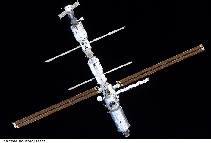 
	STS98-E-5320 (16 February 2001) --- The International Space Station (ISS) backdropped against the blackness of space following undocking. The photo was taken with a digital still camera.
	
	Source: http://spaceflight.nasa.gov/gallery/images/station/assembly/ndxpage3.html