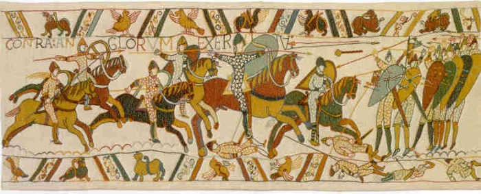 
	BAYEUX TAPESTRY - BATTLE OF HASTINGS
	

	This tapestry represents the historic Battle of Hastings in 1066, when William the Conqueror, Duke of Normandy, defeated Harold and the English Saxons. Here the Norman cavalry clashes with the English infantry in bitter conflict.
