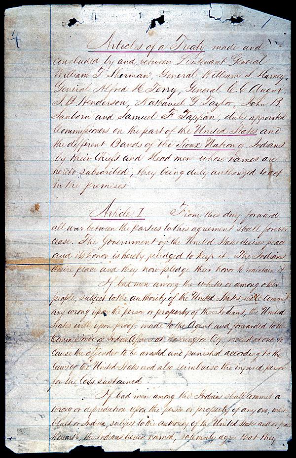 Sioux Treaty of 1868, page 1
	
	National Archives and Records Administration
	General Records of the United States Government
	Record Group 11
	ARC Identifier: 299803