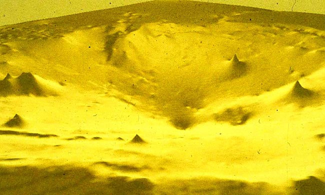 A 3-D sonar image showing Lake Cheko's funnel shape hidden beneath its waters. Researchers believe it's indicative of a meteoric impact. Credit: www-th.bo.infn.it/tunguska / University of Bologna