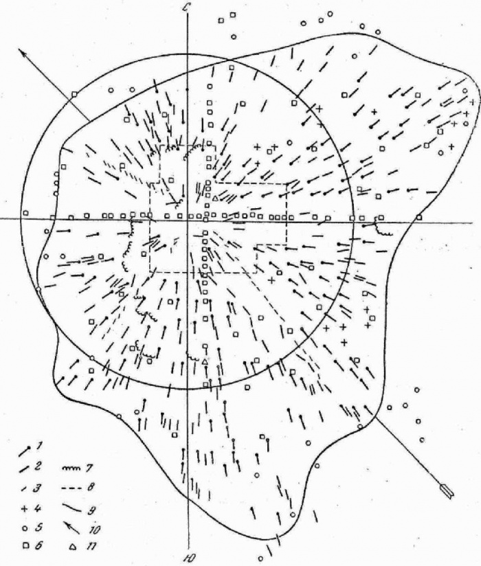 
	Fast map of fallen tree distribution, as it appeared in 1961 on the basis of azimuth data measured in 1958-1961. This map showing a butterfly distribution was used in the last 40 years for comparison with theoretical models. Now an updated map is available.