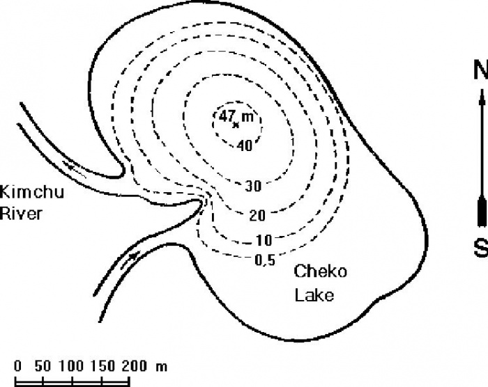
	The first bathymetry of the lake Cheko done in 1960 by the team guided by V. A. Koshelev. Using more powerful instrumentation, a second bathymetric map was constructed in 1999 by researchers of the Tunguska99 Expedition.

	Source: http://www-th.bo.infn.it/tunguska/Al-cheko1960bat.htm