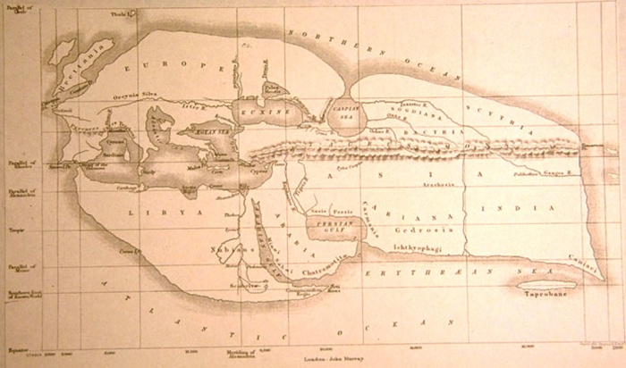 
	19th century reconstruction of a map of the world by Eratosthenes, c.200 BC. 

	The name Ariana (Aryânâ) was used to describe the region where the Iranian Plateau is found.
	
	Source: Bunbury, E.H., A History of Ancient Geography among the Greeks and Romans from the Earliest Ages till the Fall of the Roman Empire. London: John Murray, 1883.
	www.henry-davis.com