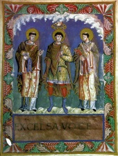 Coronation of an idealized king, depicted in the Sacramentary of Charles the Bald (about 870)