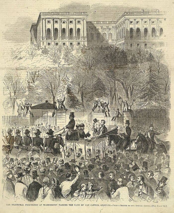 
	Abraham Lincoln Rides to His Inauguration Beside President James Buchanan

	The first inauguration of a president in Washington was not attended by the outgoing chief executive. President John Adams, who disliked the new city of Washington, and who was not comfortable attending the inauguration of Thomas Jefferson, left town for his home in Massachusetts and skipped the inauguration ceremony.
	
	The tradition later developed that the outgoing president would attend his successor's inauguration. This magazine illustration depicts Abraham Lincoln riding in a carriage alongside President James Buchanan on the way to his first inauguration in 1861.
	
	Buchanan, the president as the country moved toward Civil War, disliked the job intensely, and said to Lincoln, 