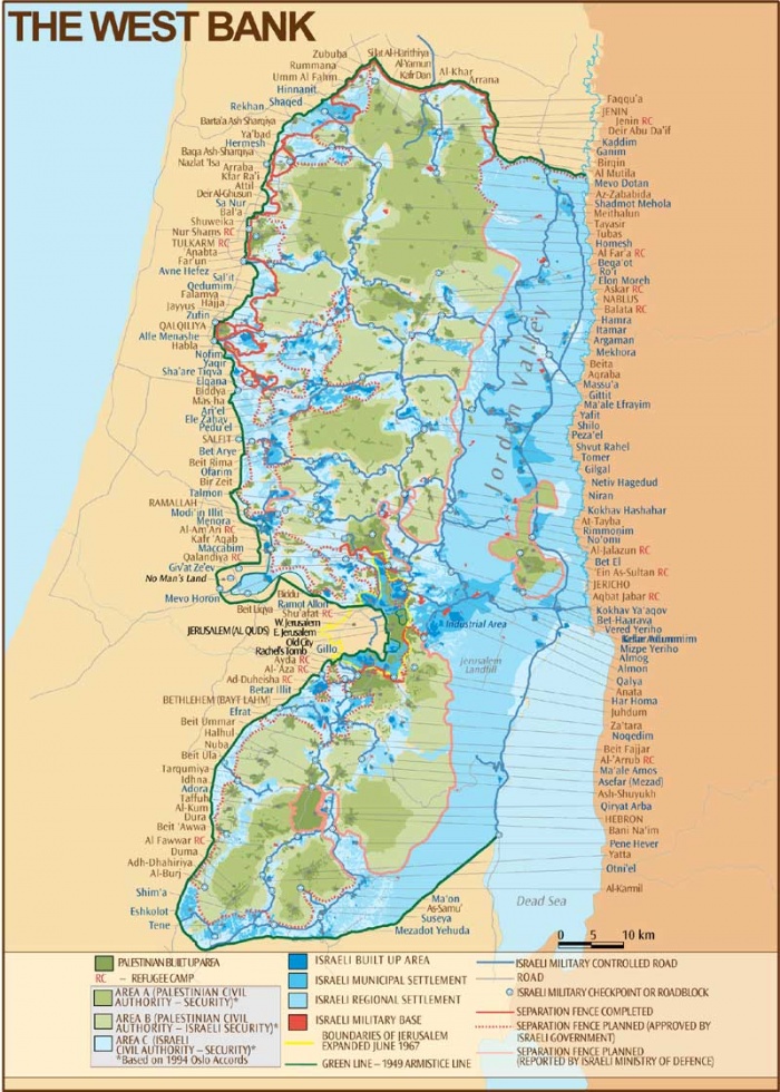 
	West Bank 2003 - Built-up areas, refugee camps, roads, settlements, Israeli military bases, checkpoints and roadblocks, military controlled roads and the partly constructed separation fence. 

	Map Sources:
	Btselem; The Israeli Information Center for Human Rights in the Occupied Territories:
	