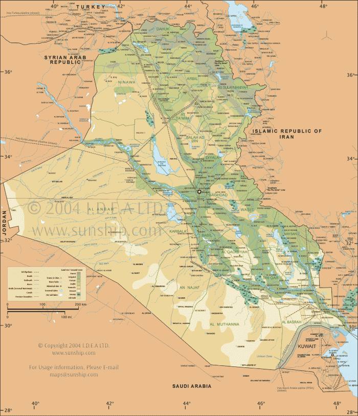 
	Iraq - Large Map - Roads, oil pipelines, oil fields, ancient sites, land use areas, towns, and provincial borders.
	
	Map Sources:
	
	UN Cartographic Section
	http://www.un.org/Depts/Cartographic/english/htmain.htm
	
	Perry-Castaneda Library, University of Texas
	http://www.lib.utexas.edu/maps/middle_east_and_asia/iraq_oilfields_1992.jpg
	http://www.lib.utexas.edu/maps/atlas_middle_east/iraq_land.jpg
	
	National Geographic Society, Heart of the Middle East, (Supplement to National Geographic, October 2002).
