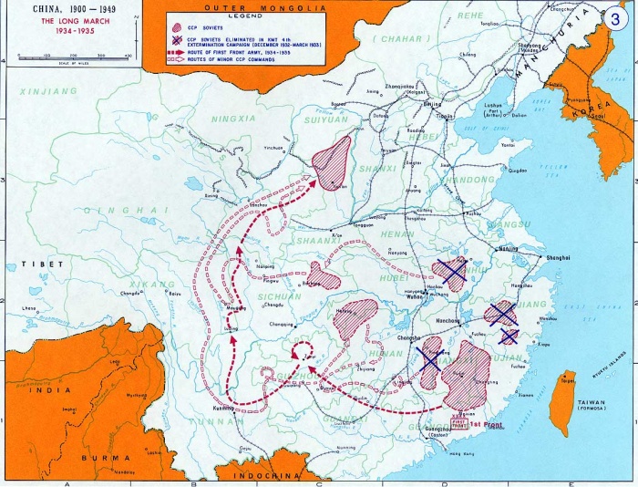 
	The Long March
	1934: with the Communists facing annihilation by the Kuomintang, the army of the Communist Party of China retreated to the north of China during the 8,000-mile Long March.
	Map Source: West Point Academy

	Note: the map mentions 