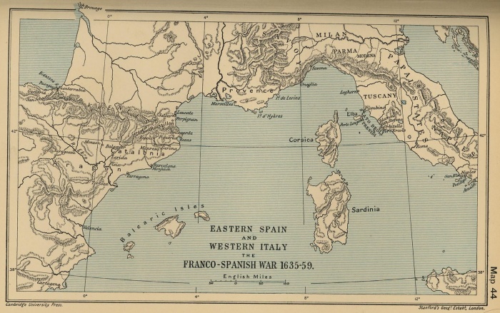 Eastern Spain and Western Italy: The Franco-Spanish War 1635-591622The occupation of the Valtelline Pass (between Milan and the Austrian lands) by the Spanish led to war with France, which, in a sense, was merely one aspect of the Thirty Years' War. France, under the able leadership of Richelieu, gradually established its ascendancy over Spain.1640–59 The great REVOLT IN CATALUÑA, a direct result of the policy of Olivares. The king's failure to summon the Catalan Cortes, the imposition of new taxes, the demands for aid for the foreign wars, the quartering of troops in the country, and in general the centralizing tendencies of the count-duke precipitated the conflict. The movement was supported by France, which even recognized a Catalan republic. After the struggle had gone on for 12 years, Barcelona was obliged to submit (Oct. 1652). In the final settlement (1659) the Catalans retained most of their former rights and privileges.TREATY OF THE PYRENEES (signed on the Isle of Pheasants, in the Bidassoa River). Spain was obliged to cede to France the frontier fortresses in Flanders and Artois as well as Roussillon and Cerdagne. Louis XIV married Maria Teresa, daughter of Philip IV.Source: The Encyclopedia of World History, Sixth edition. Peter N. Stearns, general editor. 2001, by Houghton Mifflin Company 