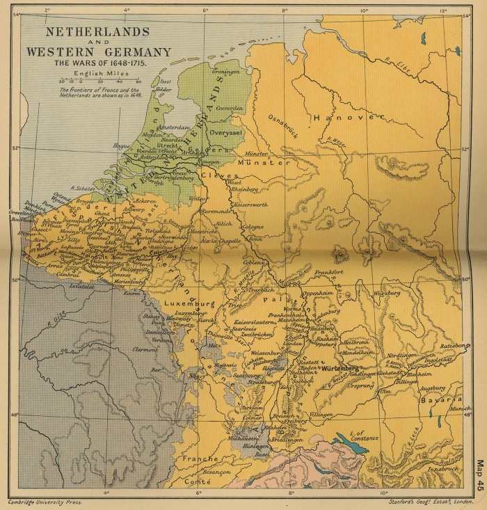  The Netherlands and Western Germany: The Wars of 1648-17151647–50 WILLIAM II succeeded his father, Frederick Henry, in the stadholdership. Able, ambitious, and restless, William disapproved of the Treaty of Münster (1648), which recognized the independence of the provinces, and would have preferred to continue the war. He soon became involved in conflict with the states-general and, by arresting some of the leaders of Holland and attacking Amsterdam itself (1650), forced the submission of the state-rights group.   1   1650, Nov. 6 William died. His son was born posthumously.   2   1651 The Estates held a constituent assembly but only agreed to stop the possibility of recreating the office of captain-general.   3   1652–54 The FIRST ANGLO-DUTCH WAR, the direct outgrowth of the English Navigation Act (1651) (See 1652–54).   4   1652 Dutch South Africa founded (See 1652).   5   1653 John De Witt became pensionary of Holland and thereby controlled the general policy. An able statesman and adroit diplomat, he easily maintained Dutch prestige and greatness.   6   1657–60 The Dutch prevented the entrance of the Baltic from falling into exclusively Swedish control by supporting the Danish in the Swedish-Danish War (See 1655–60).   7   1657–61 War with Portugal, over conflicting interests in Brazil.     1660 Dutch states-general rescinded the exclusion of the House of Orange from the stadholdership following the restoration in England.     1662 The Dutch allied themselves with the French to provide against the danger of attack by the British.      1664 The British seized New Amsterdam (New York) and appropriated various Dutch stations on the African coast.1665–67 SECOND ANGLO-DUTCH WAR. France and Denmark supported the Dutch (See 1665–67).      1667 The Eternal Edict abolished the stadholdership. It would be reinstated and made hereditary after 1748.      1668, Jan. 23 Triple Alliance of England, Holland, and Sweden (See Jan. 23).      1669 Beginning of a number of government policies restricting emigration (continued reforms until 1750).     1672–78 WAR WITH FRANCE AND ENGLAND. The French were able to overrun much of the Netherlands (See 1672–78). John De Witt was murdered in a riot (Aug. 27, 1672).     1672–1702 WILLIAM III (son of William II), stadholder. The British abandoned the war (1674) and the Dutch came off without losses.     1688–97 WAR OF THE LEAGUE OF AUGSBURG against Louis XIV. William led the coalition (See 1688–97).     1702, March 8 The death of William III, without children, brought to an end the direct line of the house of Orange, which, however, was continued by the related house of Nassau.     1701–14 The WAR OF THE SPANISH SUCCESSION (See 1701–14).     1715, Nov. 15 The Barrier Treaty. Holland received key territories on the French frontier from the empire as protection against attack from France.Source: The Encyclopedia of World History, 6th Ed, 2001 