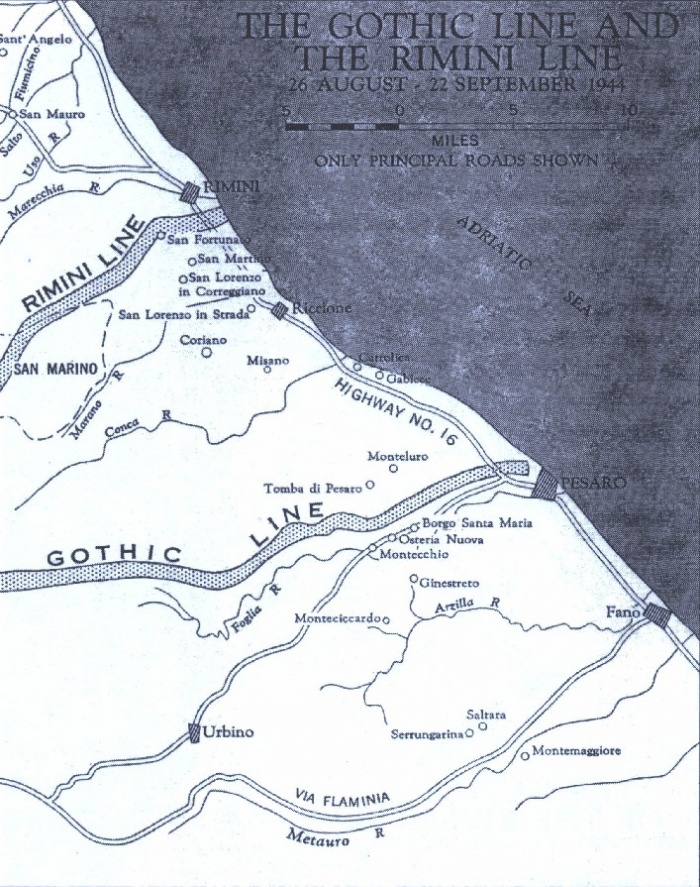 
	The Gothic Line and the Rimini Line - 26th August - 22nd September 1944
	

	Map by MWO R.W.Cole and W. Constable, The Gunners of Canada, vol. II,1919-1967 [Toronto/Montreal: RCA Assoc., 1972]

	Source: http://www.perthregiment.org/history/Maps/map6c.jpg