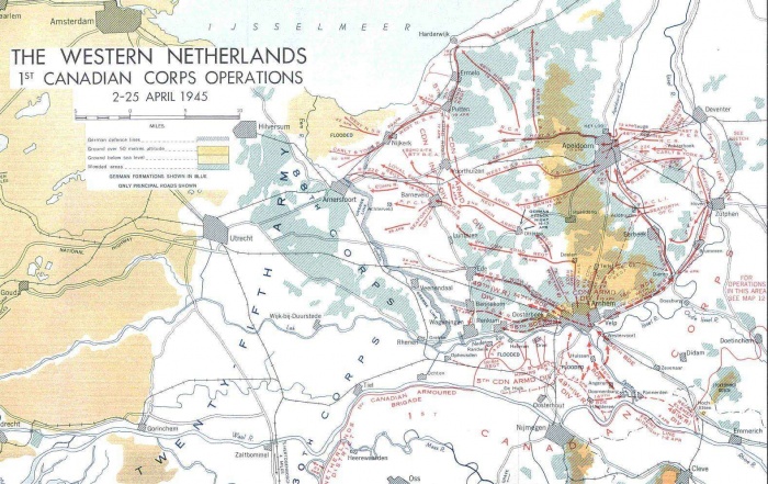 
	The Western Netherlands, 1st Canadian Corps Operations, 2-25 April 1945
	

	Detail of Map 13 in the Official History of the Canadian Army in the Second World War, Volume III, The Victory Campaign, The Operations in North-West Europe, 1944-1945 [3 vols., Ottawa:1966] 

	Source: http://www.perthregiment.org/history/Maps/nweurope3.jpg